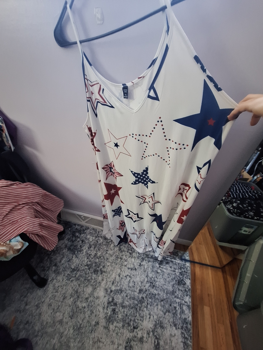SHEIN White Spaghetti Strap Camisole Dress with Red & Navy Star Print